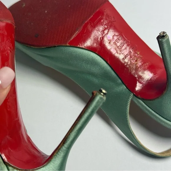 Christian Louboutin Red Bottom Teal Satin Slingback Peep Toe Heels Size 37.5 - Picture 8 of 11